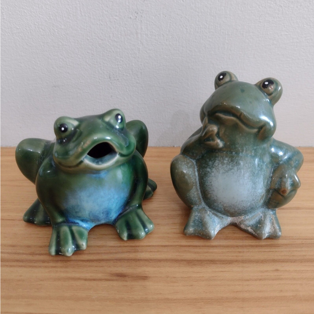 Set Of Pottery Green Sitting Frogs Figurines Garden Decor Whimsical Cottagecore